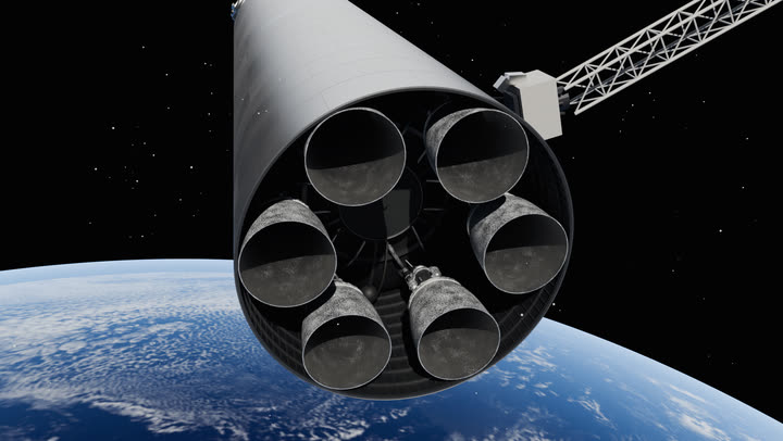 Looking up into the aft end of the Argo: six vacuum engine bells recessed inside the steel hull, Earth below.