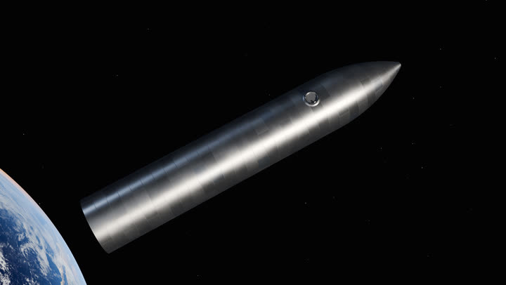 The Argo: a long, bare stainless-steel Starship with no fins, drifting above Earth.