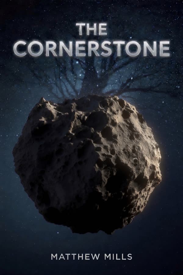 Cover of The Cornerstone by Matthew Mills: a dark, cratered asteroid against a starfield, with the faint silhouette of a tree behind it.