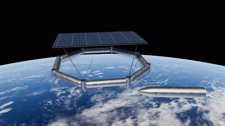 An orbital propellant depot: a ring of steel hulls under a large solar array, with a Starship approaching over the Pacific.