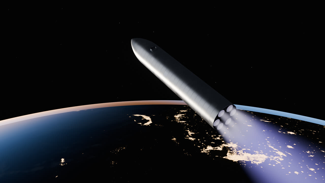 A bare steel Starship firing six faint blue vacuum engines as it climbs away from Earth's night side.