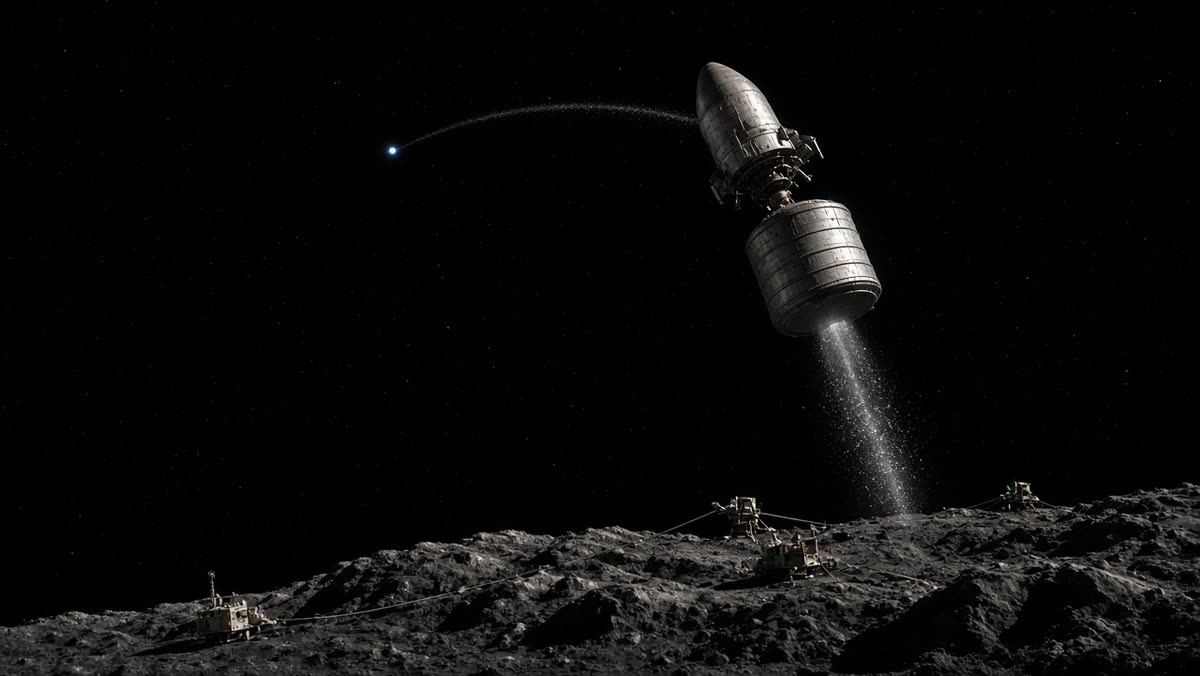 A printed kick stage lifts a 100-tonne ore canister off the asteroid, its nearly invisible exhaust glittering as ice, arcing toward a distant blue Earth.