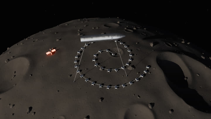 Mining drones anchored in a spiral across the asteroid's surface, linked by tethers, with the Argo moored above and a reactor glowing red at the edge.