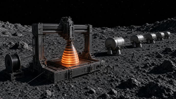 A large 3D metal printer on the asteroid's surface laying up a glowing engine bell, with squat kick stages lined up behind it.