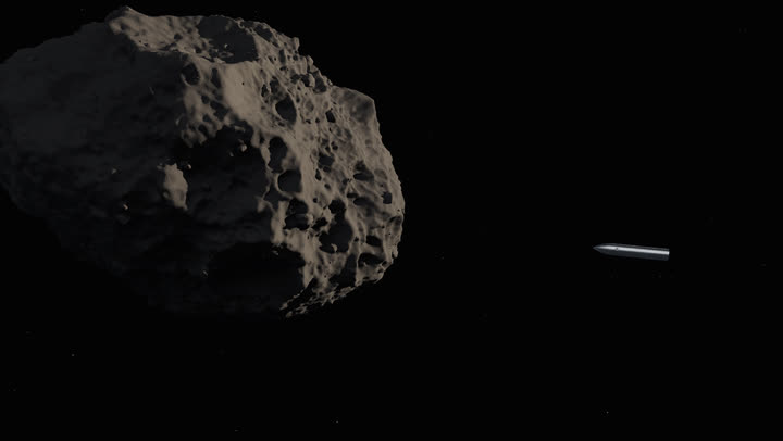 The dark, cratered asteroid Vesper-7, with the tiny Argo holding station nearby.